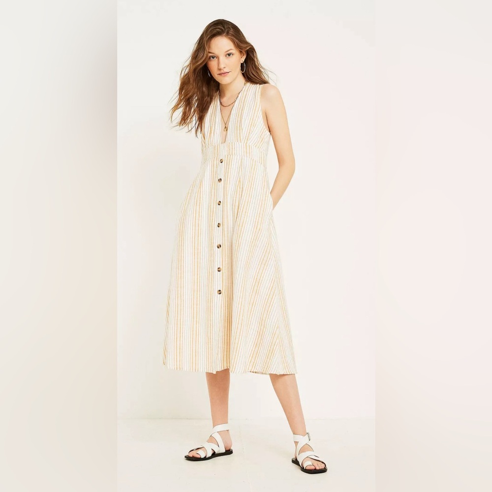 Urban Outfitters Millie Stripe Linen Midi Dress – Size 10 – Yellow Stripes